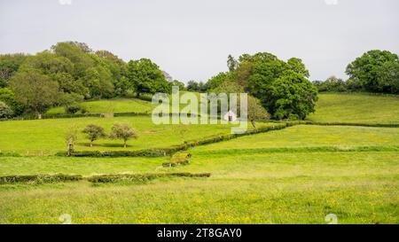 Wiesen- und Waldflächen erstrecken sich über die Landschaft des Vale of Berkeley in Gloucestershire, England. Stockfoto