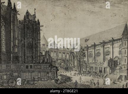 Ansicht des Palais de Justice, aufgenommen nach dem Brand von 1776, Zeichner, 10-5-1776, Zeichnung, Grafik, Zeichnung, Stift (Grafik), Schwarze Tinte, Abmessungen - Arbeit: Höhe: 37,7 cm, Breite: 53 cm, Abmessungen - Befestigung:, Höhe: 48 cm, Breite: 62,8 cm Stockfoto