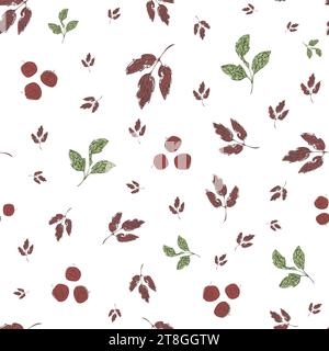 Vektorblatt-Muster mit roten Beeren. Abstrakte Strichkunst nahtloser Hintergrund. Hintergrund mit Blättern und Früchten auf neutralem Hintergrund. Alle Zweige verstreut Stock Vektor