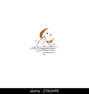 Hand gezeichneter Vektor abstrakt einfache minimalistische Kunst Grafik Zeichnung Icon Zeichen, magische Mondsichel und Berg auf der Welle isoliert. Sommerstrand Stock Vektor