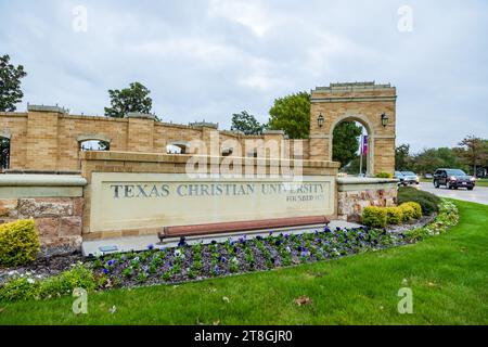 Fort Worth, TX - 10. November 2023: Zeichen der Texas Christian University Stockfoto