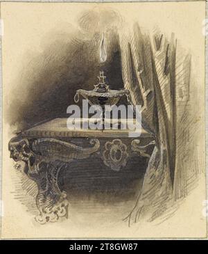 Flamme aus einer Lampe auf einer kunstvollen Konsole, Baron, Henri-Charles-Antoine, Zeichner, 1838, 19. Jahrhundert, Maison de Balzac, Grafik, Buchillustration, Zeichnung, Papier, Graphit, Tinte, weiß, Abmessungen - Antike Halterung:, Höhe: 36,5 cm, Breite: 29 cm, Abmessungen - Arbeit: Höhe: 7,3 cm, Breite: 6,3 cm Stockfoto