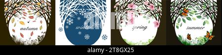 Alle Jahreszeiten. Handzeichnung. Nicht KI, Illustrat3. Vektorabbildung Stock Vektor