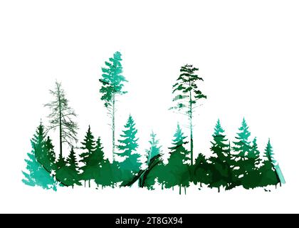 Grüne Waldlandschaft. Aquarellbäume. Handzeichnung. Nicht AI. Vektorabbildung Stock Vektor