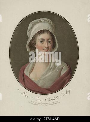 Marie-Anne-Charlotte Corday, geboren in St. Saturnin les Vignaux, 25 Jahre weniger als 3 Monate alt, am 17. Juli 1793 enthauptet, weil er Marat am 13. Desselben Monats ermordet hatte, Alix, Pierre Michel, Graveur, Bechet, Drucker, Drouhin, Marie Francois, Verleger, Prints, Grafik, Drucke, Aquatints, Farbdrucke, Abmessungen - Arbeit: Höhe: 40. 6 cm, Breite: 29,6 cm, Abmessungen - Befestigung:, Höhe: 50 cm, Breite: 32 cm Stockfoto