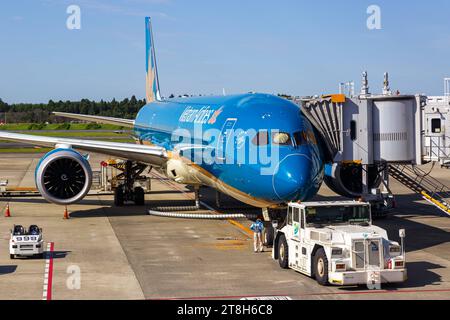 Vietnam Airlines Boeing 787-10 Dreamliner Flugzeug Flughafen Tokio Narita in Japan Tokio, Japan. , . Ein Boeing 787-10 Dreamliner Flugzeug der Vietnam Airlines mit dem Kennzeichen VN-A872 auf dem Flughafen Tokyo Narita NRT in Japan. *** Vietnam Airlines Boeing 787 10 Dreamliner Flugzeug Tokyo Narita Airport in Japan Tokio, Japan 7. Oktober 2023 Eine Boeing 787 10 Dreamliner Flugzeug von Vietnam Airlines mit der Registrierung VN A872 am Tokyo Narita Airport NRT in Japan Credit: Imago/Alamy Live News Stockfoto