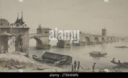 JEAN-JACQUES DE BOISSIEU, Vue du pont de la Guillotière à Lyon, 1760, Blatt, 191 x 338 mm, Aquarellstift braun auf Büttenpapier, Vue du pont de la Guillotière à Lyon, Originaltitel, Ansicht der Rhône-Brücke in Lyon, JEAN-JACQUES DE BOISSIEU, 18. JAHRHUNDERT, KLASSIZISMUS, ZEICHNUNG, Aquarell über Stift und Braun auf geripptem Büttenpapier, AQUARELL, TINTE?, TINTE?, VERTIKALES PAPIER, HANDPAPIER, AQUARELL, PINSELZEICHNUNG, STIFTZEICHNUNG, FRANZÖSISCH, BILD ige ZEICHNUNG, PUBLIKUM FÜR DRUCK, links unten monogrammiert und datiert, mit dem Stift in schwarz-braun, DB [ligated].f. 1760; auf dem alten Passepartout eingeschrieben Stockfoto