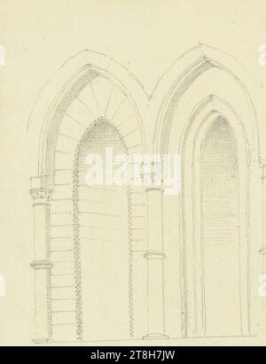 CARL THEODOR REIFFENSTEIN, Biforium St. Dionys in Esslingen, 12. August 1868, Blatt, 128 x 83 mm, Bleistift auf Papier, Biforium St. Dionys in Esslingen, CARL THEODOR REIFFENSTEIN, Seite, Klebebänder, Band 28, Seite 16, Teilenummer / gesamt, 2 / 4, ESSLINGEN AM NECKAR, 19. JAHRHUNDERT, ZEICHNUNG, Bleistift auf Papier, GRAPHIT-TON-MISCHUNG, PAPIER, BLEISTIFTZEICHNUNG, DEUTSCH, ARCHITEKTURSTUDIE, REISESTUDIE, datiert und unten beschriftet, in Bleistift, Eslingen. Dionysiuskirche 12. August 1868, nummeriert auf der Seite unter der Zeichnung, in Bleistift Stockfoto