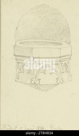 CARL THEODOR REIFFENSTEIN, Weihwasserbecken in St. Justinus in Höchst, 5. Juni 1869, Blatt, 87 x 55 mm, Bleistift auf Papier, Weihwassertafel in St. Justinus in Höchst, CARL THEODOR REIFFENSTEIN, Seite, Klebebänder, Band 29, Seite 5, Teilenummer / gesamt, 3 / 3, FRANKFURT-HÖCHST, 19. JAHRHUNDERT, ZEICHNUNG, Bleistift auf Papier, GRAPHIT-TON-MISCHUNG, PAPIER, BLEISTIFTZEICHNUNG, DEUTSCH, ARCHITEKTURSTUDIE, REISESTUDIE, datiert und beschriftet links unten, in Bleistift, Höchst 5. Juni 1869. Kirche, nummeriert auf der Seite über der Zeichnung, in schwarzem Stift Stockfoto