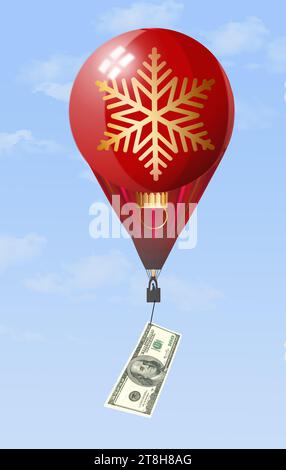 Ein Weihnachtsschmuck aus Glas sieht aus wie ein Heißluftballon, der eine Hundert-Dollar-Scheine höher hebt und wegen der wirtschaftlichen Inflation außer Reichweite ist. Infl Stockfoto