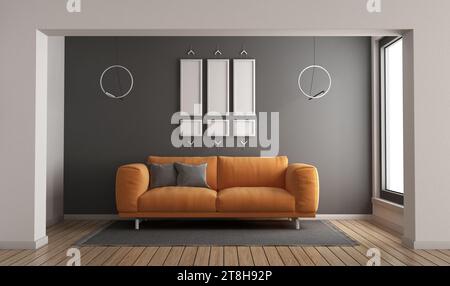 Orangefarbenes Sofa in einem modernen Wohnzimmer mit weißen und grauen Wänden - 3D-Rendering Stockfoto