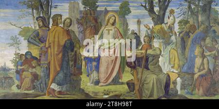 PHILIPP VEIT, die Einführung der Künste in Deutschland durch das Christentum, 1834 - 1836, Abmessungen, 284,0 x 611,5 cm, Wandmalerei, auf Leinwand übertragen, die Einführung der Künste in Deutschland durch das Christentum, Maler, PHILIPP VEIT, Teil, Italia, Germania, 19. JAHRHUNDERT, MALEREI, Wandmalerei, auf Leinwand übertragen, LEINWAND, FRESKO, WANDMALEREI Stockfoto