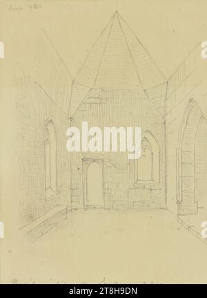 CARL THEODOR REIFFENSTEIN, Inneres der Regiswindiskapelle in Lauffen, 7. August 1871, Blatt, 121 x 91 mm, Bleistift auf Papier, Inneres der Regiswindiskapelle in Lauffen, CARL THEODOR REIFFENSTEIN, Seite, Klebebänder, Band 30, Seite 71, Teilenummer / gesamt, 2 / 2, LAUFFEN AM NECKAR, 19. JAHRHUNDERT, ZEICHNUNG, Bleistift auf Papier, GRAPHIT-TON-MISCHUNG, PAPIER, BLEISTIFTZEICHNUNG, DEUTSCH, ARCHITEKTURSTUDIE, REISESTUDIE, datiert und beschriftet unten links, in Bleistift, Regiswindiscapelle. Sie laufen auf dem Nekar. / 7. August 1871; oben links beschriftet: Kirche 1470., nummeriert auf der Seite unter der Zeichnung, in Stockfoto