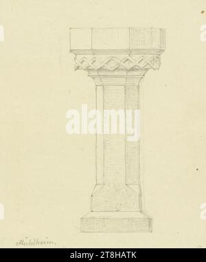 CARL THEODOR REIFFENSTEIN, Weihwasserfontäne in der Mühlheimer Kirche, 20. August 1874, Blatt, 115 x 104 mm, Bleistift auf Pergamentpapier, Weihwasserfontäne in der Mühlheimer Kirche, CARL THEODOR REIFFENSTEIN, Seite, Klebebänder, Band 32, Seite 29, Teilenummer / gesamt, 1 / 3, MÜHLHEIM AM MAIN, 19. JAHRHUNDERT, ZEICHNUNG, Bleistift auf Pergamentpapier, GRAPHIT-TON-MISCHUNG, SAMTPAPIER, BLEISTIFTZEICHNUNG, DEUTSCH, STUDIUM NACH Einer SKULPTURENARBEIT, NACHVERFOLGUNG, REISESTUDIE, datiert und beschriftet links unten, in Bleistift, Mühlheim. / Heiliges Becken. 20. August 1874; Inschrift unten rechts: In der Kirche., nummeriert auf der Seite oben Stockfoto