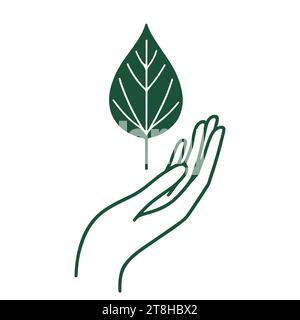 Hand umhüllendes Blatt-Symbol isoliert. Vereinfachtes Umweltemblem. Silhouette einer pflegenden Hand mit einem stilisierten Blatt. Hand zum Schutz eines Blattes Stock Vektor