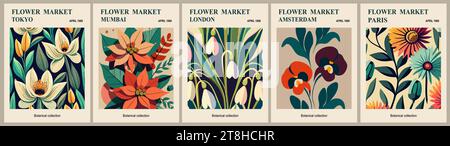 Satz abstrakter Blumenmarkt-Vektorplakate. Stock Vektor