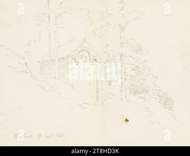 CARL THEODOR REIFFENSTEIN, Brunnenhaus im Wald bei Bertrich, 17. Juli 1881, Blatt, 95 x 130 mm, Bleistift auf Papier, Brunnenhaus im Wald bei Bertrich, CARL THEODOR REIFFENSTEIN, Seite, Klebebänder, Band 37, Seite 6, Teilenummer / gesamt, 3 / 3, BAD BERTRICHArea, 19. JAHRHUNDERT, ZEICHNUNG, Bleistift auf Papier, GRAPHIT-TON-MISCHUNG, PAPIER, BLEISTIFTZEICHNUNG, DEUTSCH, REISESTUDIE, ARCHITEKTURSTUDIE, LANDSCHAFTSSTUDIE, datiert und beschriftet links unten, in Bleistift, Bertrich 17. Juli 1881., nummeriert auf der Seite unter der Zeichnung, in Bleistift, 3 Stockfoto