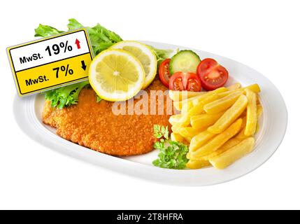 Deutsches gelbes Zeichen und Mehrwertsteuer 19 % und 7 % MWST mit Kotelett isoliert auf weißem Hintergrund Stockfoto