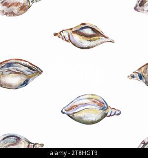 Acryl handbemalt Meeresmuscheln und Perlen nahtloses Muster, handgemaltes grafisches Ocean Life Wiederholungspapier Stockfoto