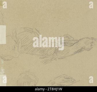 ANTON BURGER, Kopf, rechter Arm und Hände eines Lesers, Blatt, 293 x 246 mm, Bleistift auf braunem Karton, Kopf, rechter Arm und Hände eines Lesers, ANTON BURGER, Kegelschreiber Notizen auf Brett machen, 19. JAHRHUNDERT, ZEICHNUNG, Bleistift auf braunem Karton, GRAPHIT-TON-MISCHUNG, KARTON, BLEISTIFTZEICHNUNG, DEUTSCH, STUDIE, KÖRPERSTUDIE, SKIZZE, Nachlass oben links Anton Burger Stockfoto