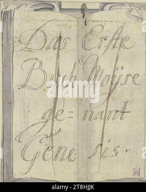 JOHANN JAKOB VON SANDRART, offene Bibel, Titelblatt, Blatt, 94 x 75 mm, Stift in schwarz, grau gewaschen, auf vergé-Papier, mit geröteter Rückseite, Bibel öffnen, Titelseite, JOHANN JAKOB VON SANDRART, Serie, das erste Buch namens Moÿse Genesis, Teilenummer / total, 1 / 9, 17. JAHRHUNDERT, BAROCK, ZEICHNUNG, Stift in schwarz, grau gewaschen, auf vergé-Papier, mit geröteter Rückseite, TINTE? TINTE?, VERSION PAPIER, STIFTZEICHNUNG, WASCHEN, CALCO?, DEUTSCH, AUTOGRAMM FÜR Einen KUPFERSTICH?, PUBLIKUM FÜR Eine BUCHILLUSTRATION?, Inschrift in der Illustration, mit dem Stift in schwarz, das erste / Buch Moÿse / ge nant / Gen sis., unten Stockfoto