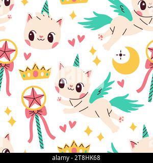 Niedliches nahtloses Katicorn-Muster auf weißem Hintergrund. Vektor für Geburtstag, Einladung, Baby-Dusche-Karte, Kinder-T-Shirts. Stock Vektor