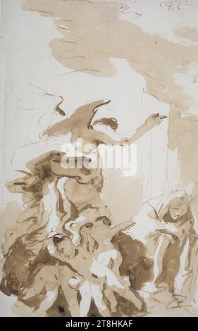 GIOVANNI BATTISTA TIEPOLO, Verkündigung an Maria, ca. 1720 - 1730, Blech, min. 454 x min. 291 mm, Höhe max. 459 mm, Breite max. 294 mm, Stift und Pinsel in Braun über schwarzem Stift, Spuren, braun gewaschen, auf geripptem handgeschöpftem Papier, Verkündigung an Maria, GIOVANNI BATTISTA TIEPOLO, 18. JAHRHUNDERT, BAROCK, ZEICHNUNG, Stift und Pinsel in Braun über schwarzem Stift, Spuren, braun gewaschen, auf geripptem, handgeschöpftem Papier, TINTE?, KREIDE?, KOHLE?, KOHLEPAPIER, BAUPAPIER, STIFTZEICHNUNG, PINSELZEICHNUNG, WASCHEN, STIFTZEICHNUNG, KREIDEZEICHNUNG?, KOHLEZEICHNUNG?, VENEZIANISCH, FIGURENSTUDIE, KOMPOSITIONSSTUDIE, ENTWURF EINER WAND Stockfoto