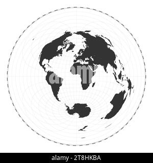 Vektor-Weltkarte. Azimutale äquidistante Projektion. Einfache geografische Weltkarte mit Breiten- und Längengraden. Zentriert auf 0 Grad Längengrad. Vektor Stock Vektor