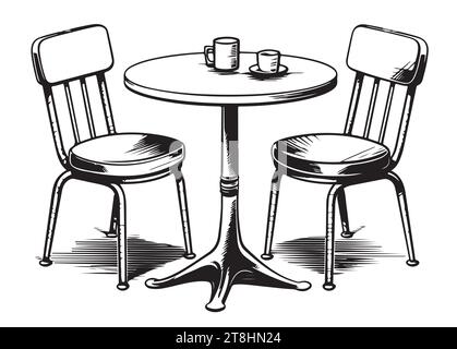 Kaffeetisch mit Stühlen. Handgezeichnete Skizze in Vektorabbildung konvertiert Stock Vektor