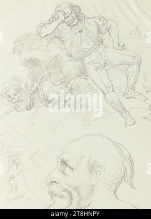 LUDWIG VON SCHWANTHALER, Arbeitsblatt: Brütender Mann und zwei Profilköpfe, Blatt, 255 x 186 mm, Bleistift auf Pergamentpapier, Arbeitsblatt: Brudermann und zwei Profilköpfe, LUDWIG VON SCHWANTHALER, Seite, Klebealbum von Marie Auguste Emilie Freiin von Günderrode, Seite 6, Teilenummer / gesamt, 1 / 1, 19. JAHRHUNDERT, ZEICHNUNG, Bleistift auf Pergamentpapier, GRAPHITTON-MISCHUNG, SAMTPAPIER, BLEISTIFTZEICHNUNG, DEUTSCH, FIGURENSTUDIE, KOSTÜMSTUDIE, STUDIE, EXPRESSIONSSTUDIE, monogrammiert und beschriftet Mitte rechts, in Bleistift, LS [ligated ] / 840 Stockfoto