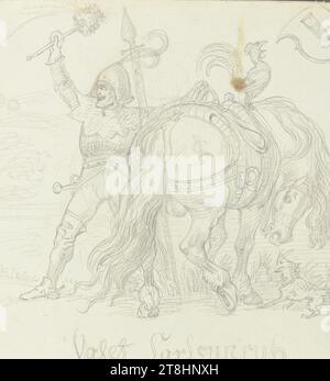 LUDWIG VON SCHWANTHALER, „Valet Karlsunruhe“, Ritter mit seinem Pferd, Blatt, 181 x 172 mm, Bleistift auf Pergamentpapier, „Valet Karlsunruhe“, Ritter mit seinem Pferd, LUDWIG VON SCHWANTHALER, Seite, Klebealbum von Marie Auguste Emilie Freiin von Günderrode, Seite 31, Teilenummer / gesamt, 1 / 1, 19. JAHRHUNDERT, ZEICHNUNG, Bleistift auf Pergamentpapier, GRAPHIT-TON-MISCHUNG, SAMTPAPIER, BLEISTIFTZEICHNUNG, DEUTSCH, FIGURENSTUDIE, TIERSTUDIE, ZUSAMMENSETZUNG STUDIE, monogrammiert in der Darstellung in der Mitte der Kruppe des Pferdes, mit Bleistift, LS [ligated]; Inschrift unten Mitte: Valet Stockfoto