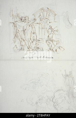 GIOVANNI BATTISTA TIEPOLO, orGIOVANNI BATTISTA TIEPOLO Schule, Rinaldo wird von Armida und Rinaldo und dem Zauberer von Ascalon, ca. 1740 - 1742, Blatt, 406 x 281 mm, schwarzer Stift und brauner Stift auf geripptem Büttenpapier, Rinaldo wird verzaubert von Armida sowie Rinaldo und der Zauberer von Ascalon, GIOVANNI BATTISTA TIEPOLO, GIOVANNI BATTISTA TIEPOLO Schule; Alternative, 18. JAHRHUNDERT, ZEICHNUNG, Schwarzer Stift und brauner Stift auf geripptem, handgeschöpftem Papier, KOHLE?, KREIDE?, TINTE?, TINTE?, FARBPAPIER, BAUPAPIER, STIFTZEICHNUNG, KOHLEZEICHNUNG?, KREIDEZEICHNUNG?, STIFTZEICHNUNG, VENEZIANISCH, FIGURENSTUDIE, BEWEGUNGSSTUDIE Stockfoto