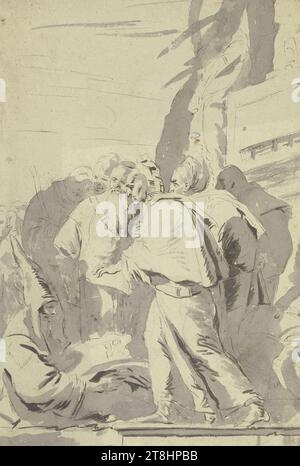 GIOVANNI BATTISTA TIEPOLO, Gruppe der Mönche und Zauberer, Blatt, 454 x 303 mm, Stift in Schwarz und Pinsel in Schwarz und Grau auf Papier, Gruppe der Mönche und Zauberer, GIOVANNI BATTISTA TIEPOLO, Verkündigung an Maria, 18. JAHRHUNDERT, BAROCKER ROKOKO, ZEICHNEN, Stift in Schwarz und Pinsel in Schwarz und Grau auf Papier, TINTE?, TINTE?, PAPIER, STIFT ZEICHNEN, PINSELZEICHNUNG, ITALIENISCH, FIGURENSTUDIE, LICHTSTUDIE, ZUSAMMENSETZUNG, verso-Inschrift unten links: J Franco; unten rechts: K200-, vorne / Real / Giov. Akku T Stockfoto