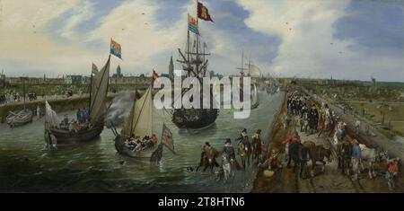 Het vertrek van een hoogwaardigheidsbekleder (Robert Sidney) uit Middelburg - die Abfahrt eines leitenden Funktionärs aus dem Hafen von Middelburg (Adriaen Pietersz. Van de Venne). Stockfoto