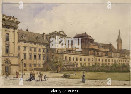 Die Reichsburg in Wien, II Bild: Vom Rittersaal bis zur Augustinerkirche, 14-teiliger Zyklus: Die Reichsburg in Wien, Edmund Krenn, Österreich, 1845/46 - 1902, 1804, Zeichnung, Aquarell, Bleistift, Glanzverbesserung, gemäß . Kahier: 50,5 x 75 cm, rechts '27673, Österreich Stockfoto