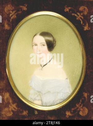 Junge Dame in hellblauem Kleid, mit Perle auf schwarzem Kragen, Robert Theer, Johannesberg 1808 - 1863 Wien, 1844, Zeichnung, Aquarell auf Elfenbein, 10 x 8 cm, Österreich Stockfoto