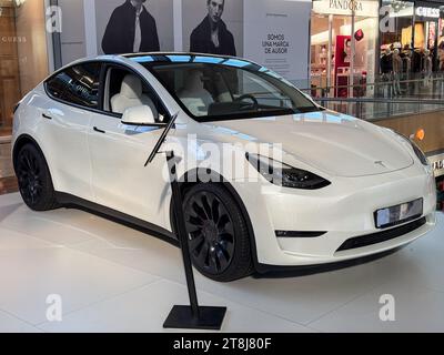 Tesla Model Y stellte in Puerto Venecia aus, einem bekannten Einkaufszentrum in Saragossa, Spanien. Stockfoto