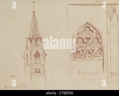 Dom-Turm und Detail Kapuzinerkirche in Wiener Neustadt, Skizzenbuch Höfel Blasius III; 62 Seiten, Blasius Höfel, Wien 1792 - 1863 Aigen bei Salzburg, Skizzenbuch: 1820-1822, Zeichnung, Rotkreide, Blatt: 10,4 cm x 13 cm, Rotkreide, M. L. 'Dom.', Rotkreide, l.u. 'W. Neustadt', Rötel, r.o. 'Kapuzinerkirche', Rotkreide, Österreich Stockfoto