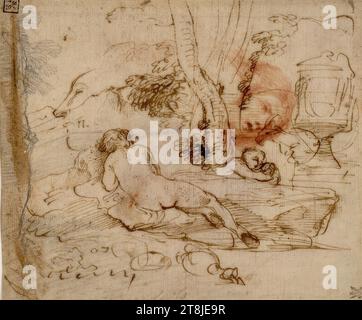 Studienblatt: Schlafende Nymphe und liegender Putto in einer Baumlandschaft, antike Vase, Kopf einer Ziege, roter Kreidekopf, Pier Francesco Mola, Coldrerio, Corno, 1612 - Rom 1666, Zeichnung, Kreide, Rotkreide, Stift, Tinte, 17,6 x 21 cm Stockfoto