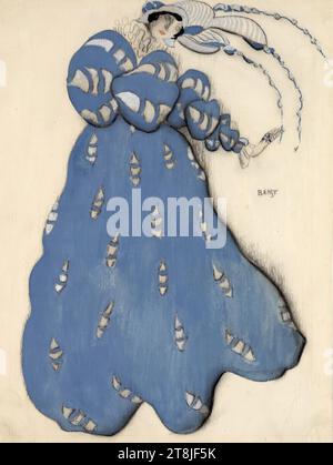 Kostümdesign, Léon Bakst, Grodno 1866 - 1924 Rueil-Malmaison, Zeichnung, schwarzer Stift, blaue Deckfarbe, silberne Erhöhung, Wasserfarben, 335 x 278 mm Stockfoto