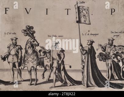 Trauerzeremonien für Kaiser Karl V. am 29. Dezember 1558 in Brüssel: Prozession, Platte 8, de seer schoone ordonnantie vanden rouwe des wtvaerts vanden aldermachtichsten end onverwinlicksten Carolo de Viifste, Roomsche Keyser, Hoochlooflicker ghedachtenisse: Ghehovden in der Stadt Bruessele der XXIX. Dach der Decembri, M.d.LVIII. Duer Philippum Coninck van Spaengien &c.. Synen Soon, Antwerpen, Christoph Plantin, 1559, 1559, Druck, Ätzen auf Papier, Blatt: 27,4 x 32,5 cm, [l.u.] '8 Stockfoto