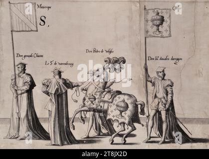 Bestattungszeremonien für Kaiser Karl V. am 29. Dezember 1558 in Brüssel: Prozession, Platte 14, de seer schoone ordonnantie vanden rouwe des wtvaerts vanden aldermachtichsten end onverwinlicksten Carolo de Viifste, Roomsche Keyser, Hoochlooflicker ghedachtenisse: Ghehovden in der Stadt Bruessele the XXIX. Dach der Decembri, M.d.LVIII. Duer Philippum Coninck van Spaengien &c.. Synen Soon, Antwerpen, Christoph Plantin, 1559, 1559, Druck, Ätzen auf Papier, Blatt: 27,1 x 32,6 cm, [oben] „S“; [links] „14 Stockfoto