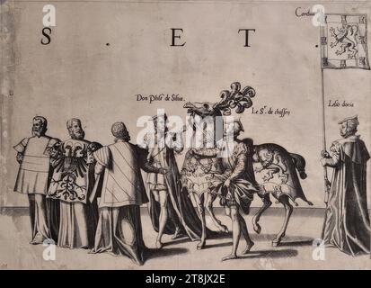 Trauerzeremonien für Kaiser Karl V. am 29. Dezember 1558 in Brüssel: Prozession, Platte 11, de seer schoone ordonnantie vanden rouwe des wtvaerts vanden aldermachtichsten end onverwinlicksten Carolo de Viifste, Roomsche Keyser, Hoochlooflicker ghedachtenisse: Ghehovden in der Stadt Bruessele der XXIX. Dach der Decembri, M.d.LVIII. Duer Philippum Coninck van Spaengien &c.. Synen Soon, Antwerpen, Christoph Plantin, 1559, 1559, Druck, Ätzen auf Papier, Blatt: 27,4 x 34,2 cm, [oben] 'S ET Stockfoto