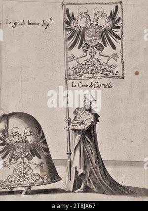 Bestattungszeremonien für Kaiser Karl V. am 29. Dezember 1558 in Brüssel: Prozession, Platte 23, de seer schoone ordonnantie vanden rouwe des wtvaerts vanden aldermachtichsten end onverwinlicksten Carolo de Viifste, Roomsche Keyser, Hoochlooflicker ghedachtenisse: Ghehovden in der Stadt Bruessele the XXIX. Dach der Decembri, M.d.LVIII. Duer Philippum Coninck van Spaengien &c.. Synen Soon, Antwerpen, Christoph Plantin, 1559, 1559, Druck, Ätzen auf Papier, Blatt: 27,1 x 17,5 cm, [l.u.] '23 Stockfoto