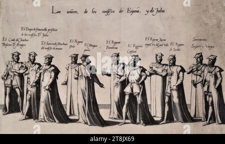 Trauerzeremonien für Kaiser Karl V. am 29. Dezember 1558 in Brüssel: Prozession, Platte 33, de seer schoone ordonnantie vanden rouwe des wtvaerts vanden aldermachtichsten end onverwinlicksten Carolo de Viifste, Roomsche Keyser, Hoochlooflicker ghedachtenisse: Ghehovden in der Stadt Bruessele der XXIX. Dach der Decembri, M.d.LVIII. Duer Philippum Coninck van Spaengien &c.. Synen Soon, Antwerpen, Christoph Plantin, 1559, 1559, Druck, Ätzen auf Papier, Blatt: 27,5 x 37,8 cm Stockfoto