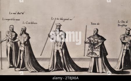 Trauerzeremonien für Kaiser Karl V. am 29. Dezember 1558 in Brüssel: Prozession, Platte 29, de seer schoone ordonnantie vanden rouwe des wtvaerts vanden aldermachtichsten end onverwinlicksten Carolo de Viifste, Roomsche Keyser, Hoochlooflicker ghedachtenisse: Ghehovden in der Stadt Bruessele the XXIX. Dach der Decembri, M.d.LVIII. Duer Philippum Coninck van Spaengien &c.. Synen Soon, Antwerpen, Christoph Plantin, 1559, 1559, Druck, Ätzen auf Papier, Blatt: 27,2 x 34 cm, [l.u.] '29 Stockfoto