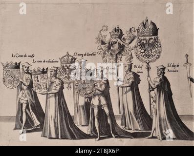 Bestattungszeremonien für Kaiser Karl V. am 29. Dezember 1558 in Brüssel: Prozession, Platte 24, de seer schoone ordonnantie vanden rouwe des wtvaerts vanden aldermachtichsten end onverwinlicksten Carolo de Viifste, Roomsche Keyser, Hoochlooflicker ghedachtenisse: Ghehovden in der Stadt Bruessele the XXIX. Dach der Decembri, M.d.LVIII. Duer Philippum Coninck van Spaengien &c.. Synen Soon, Antwerpen, Christoph Plantin, 1559, 1559, Druck, Ätzen auf Papier, Blatt: 27 x 31 cm, [l.u.] '24 Stockfoto