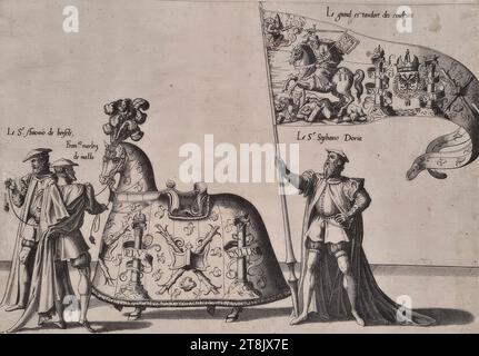 Trauerzeremonien für Kaiser Karl V. am 29. Dezember 1558 in Brüssel: Prozession, Platte 6, de seer schoone ordonnantie vanden rouwe des wtvaerts vanden aldermachtichsten end onverwinlicksten Carolo de Viifste, Roomsche Keyser, Hoochlooflicker ghedachtenisse: Ghehovden in der Stadt Bruessele der XXIX. Dach der Decembri, M.d.LVIII. Duer Philippum Coninck van Spaengien &c.. Synen Soon, Antwerpen, Christoph Plantin, 1559, 1559, Druck, Ätzen auf Papier, Blatt: 27,7 x 33,8 cm, [l.u.] '6 Stockfoto