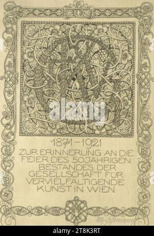 Gedenkblatt der Gesellschaft für Reproduzierende Kunst, Alfred Cossmann, Graz 1870 - 1951 Wien, Druck, Kupferstich, Blatt: 21,8 X 15,4 CM, M.U., GEDRUCKT, '1871 - 1921 / ZUR ERINNERUNG AN DIE / FEIER DES 50. JUBILÄUMS / EXISTENZ DER / GESELLSCHAFT FÜR / NACHBILDUNG / KUNST IN WIEN, ÖSTERREICH Stockfoto