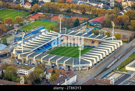 Luftbild, Bundesligastadion Vonovia Ruhrstadion Fußballplatz des VfL Bochum 1848 mit Flutlichtmasten, Grumme, Bochum, Ruhrgebiet, Nordrhein-Westfalen, Deutschland ACHTUNGxMINDESTHONORARx60xEURO *** Luftaufnahme, Bundesligastadion Vonovia Ruhrstadion Fußballplatz VfL Bochum 1848 mit Flutlichtmasten, Grumme, Bochum, Ruhrgebiet Nordrhein-Westfalen, Deutschland ATTENTIONxMINDESTHONORARx60xEURO Credit: Imago/Alamy Live News Stockfoto